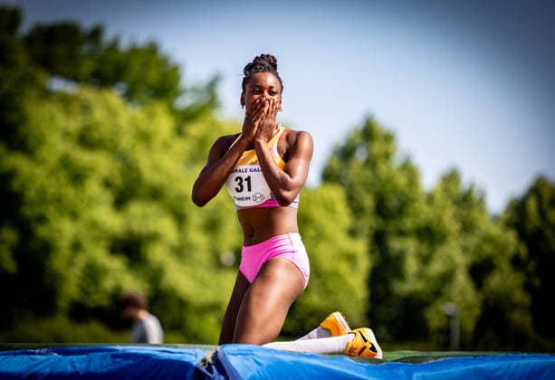 B S Kurpfalz Gala Weinheim, 23 05 2026 Delighted after a successful attempt Blessing Enatoh GER LG Nord Berlin in the womens high jump B S Kurpfalz Gala on 23 05 2026 at the Sepp Herberger Stadium in Weinheim Baden Württemberg Copyright: xBEAUTIFULxSPORTS R.xSchmittx