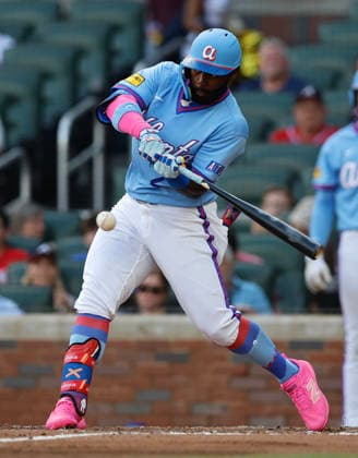 Centerfielder Michael Harris II of the Atlanta Braves hits a single in the seventh inning for the Braves only hit of the game against the Washington Nationals the Atlanta Braves at Truist Park on Saturday, May 23, 2026 in Atlanta, Georgia.  ATL20260523119 MikexZarrilli