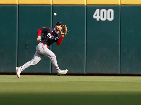 Centerfielder Dylan Crews 3 of the Washington Nationals makes a play on a fly ball in the fourth inning during the game against the Atlanta Braves at Truist Park on Saturday, May 23, 2026 in Atlanta, Georgia.  ATL20260523131 MikexZarrilli