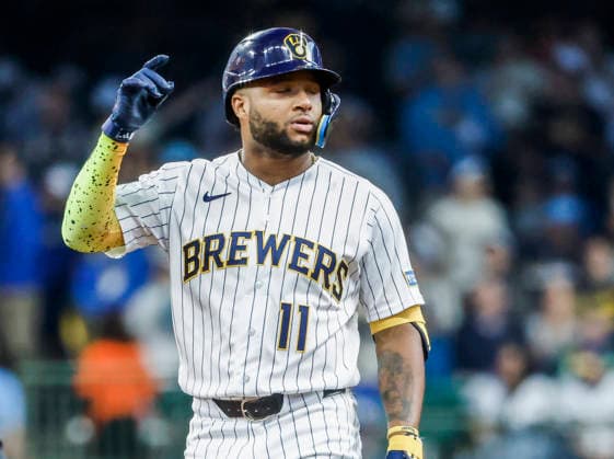 Milwaukee Brewers center fielder Jackson Chourio reacts after hitting a double in the first inning of the MLB, Baseball Herren, USA game between the Los Angeles Dodgers and the Milwaukee Brewers at American Family Field in Milwaukee, Wisconsin on Saturday, May 23, 2026.  MIL20260523808 TANNENxMAURY