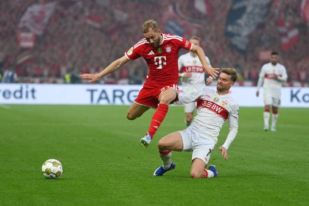 Maximilian MITTELSTAEDT VFB Stuttgart , action,duel against Konrad LAIMER Bayern Muenchen Fussball 83 DFB Pokal Final 2026 FC Bayern Muenchen VfB Stuttgart 3 0 am 23 05 2026, Olympiastadion in Berlin DFL DFB regulations prohibit any use of photographs as image sequences and or quasi video