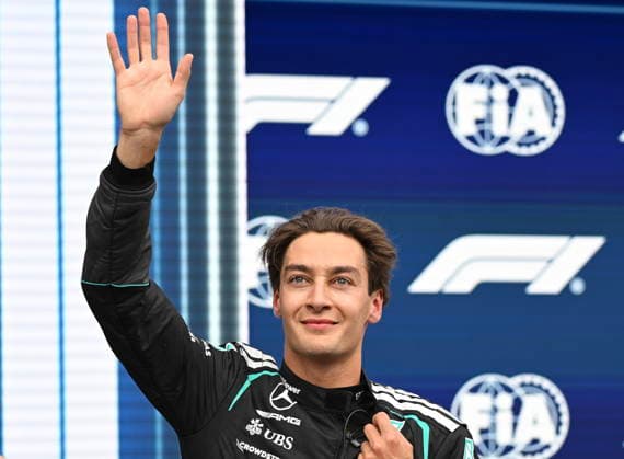 May 23, 2026, Montreal, Qc, CANADA: Mercedes driver George Russell, of the United Kingdom, waves as he takes pole following qualifying at the Formula One auto racing Canadian Grand Prix in Montreal on Saturday, May 23, 2026. Canada News - May 23, 2026  - ZUMAc35_ 20260523_zaf_c35_161 Copyright: xGrahamxHughesx