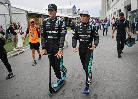 May 23, 2026, Montreal, Qc, CANADA: Mercedes driver George Russell, left, of the United Kingdom, talks with teammate Andrea Kimi Antonelli, of Italy, after placing first and second following qualifying at the Formula One auto racing Canadian Grand Prix in Montreal on Saturday, May 23, 2026. Canada News - May 23, 2026 - ZUMAc35_ 20260523_zaf_c35_160 Copyright: xGrahamxHughesx