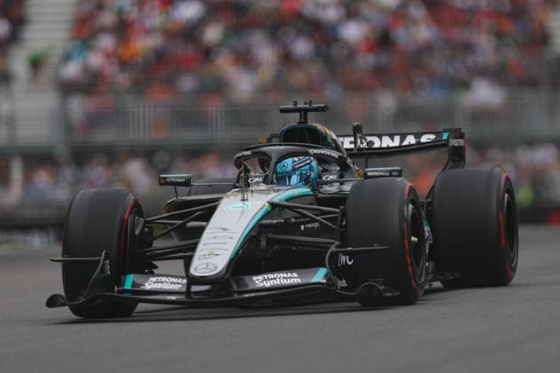 RECORD DATE NOT STATED 23rd May 2026; Circuit Gilles Villeneuve, Montreal, Quebec, Canada; 2026 FIA Formula 1 Canadian Grand Prix, Qualifying; George Russell (63) of Great Britain and Mercedes-AMG PETRONAS Formula One Team after turn 2 ArtxVega