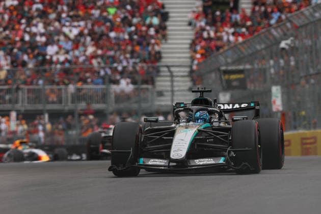 RECORD DATE NOT STATED 23rd May 2026; Circuit Gilles Villeneuve, Montreal, Quebec, Canada; 2026 FIA Formula 1 Canadian Grand Prix, Qualifying; George Russell (63) of Great Britain and Mercedes-AMG PETRONAS Formula One Team after turn 2 ArtxVega