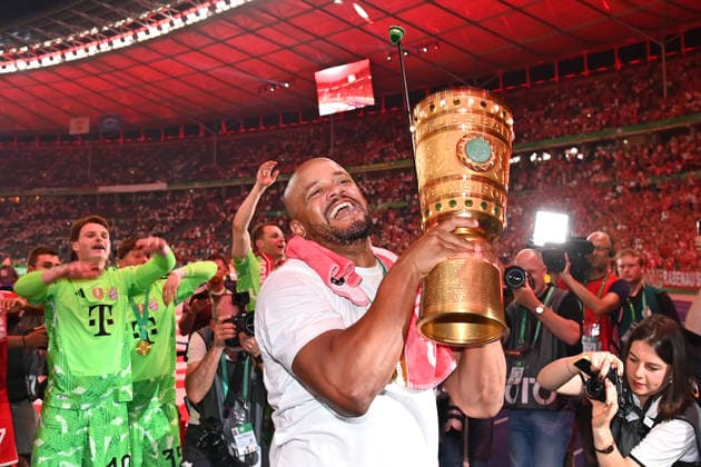 Coach Vincent KOMPANY Bayern Muenchen with Cup,Cup,Trophy, Cheering,Joy,Enthusiasm, Award Ceremony Football 83 DFB Pokal Final 2026 FC Bayern Muenchen VfB Stuttgart 3 0 am 23 05 2026, Olympiastadion in Berlin DFL DFB regulations prohibit any use of photographs as image sequences and or quasi video