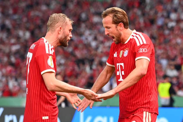 Goal celebration v re Harry KANE Bayern Muenchen , Konrad LAIMER Bayern Muenchen Jubel,Freude,Begeisterung,Aktion Fussball 83 DFB Pokal Final 2026 FC Bayern Muenchen VfB Stuttgart 3 0 am 23 05 2026, Olympiastadion in Berlin DFL DFB regulations prohibit any use of photographs as image sequences and or quasi video