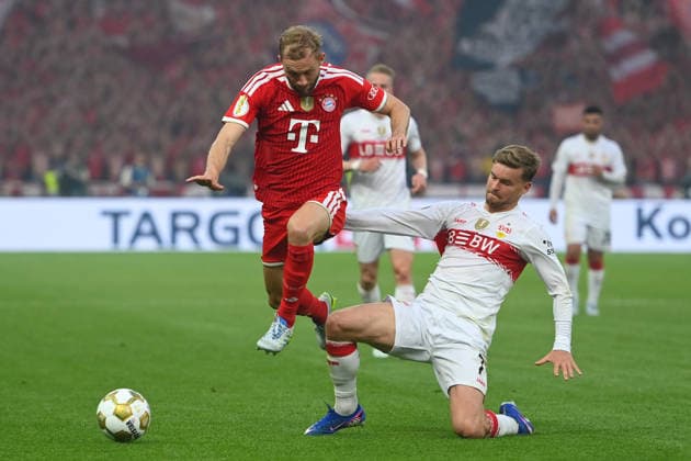 Maximilian MITTELSTAEDT VFB Stuttgart , action,duel against Konrad LAIMER Bayern Muenchen Fussball 83 DFB Pokal Final 2026 FC Bayern Muenchen VfB Stuttgart 3 0 am 23 05 2026, Olympiastadion in Berlin DFL DFB regulations prohibit any use of photographs as image sequences and or quasi video