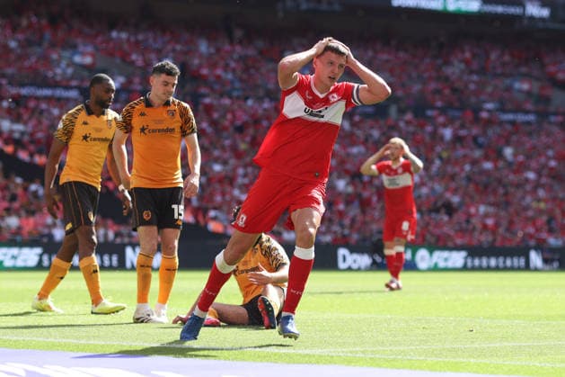 Championship Play Off-Finale 23. Mai 2026, London SkyBet Championship Play Off-Finale Hull City gegen Middlesbrough Dael Fry von Middlesbrough reagiert auf eine vergebene Chance Foto Charlotte Wilson Offside London UK  Copyright: xCharlottexWilsonx xOffsidexOffside