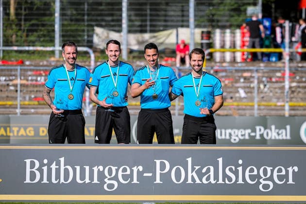 23 05 2026, xsefx, Football, Final Bitburger Pokal, FC Viktoria Köln S C Fortuna Koeln, Sportpark Höhenberg, Saison 2025 2026 The referee quartet from l Patrick Dupont, Moritz Klein, main referee Tarik Damar and Luca Marx DFB regulations prohibit any use of photographs as image sequences and or quasi video Photo xSabinexEffgenxPressefotoKochx Nordrhein Westfalen Germany
