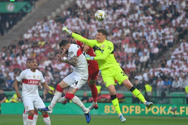 Penalty area scene v re goalkeeper Alexander NUEBEL VFB Stuttgart ,Harry KANE Bayern Muenchen , Jeff CHABOT VFB Stuttgart , action,duel football 83 DFB Pokal Final 2026 FC Bayern Muenchen VfB Stuttgart 3 0 am 23 05 2026, Olympiastadion in Berlin DFL DFB regulations prohibit any use of photographs as image sequences and or quasi video