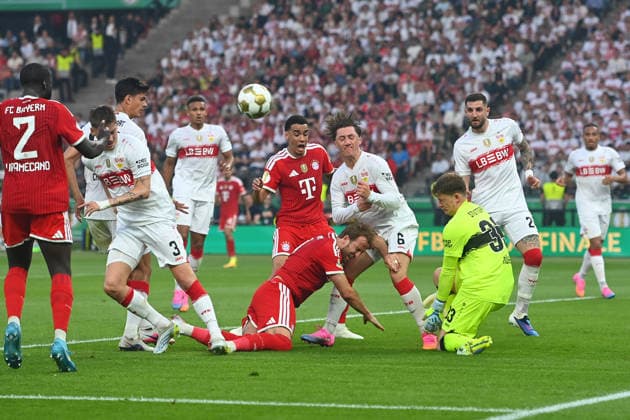 Penalty area scene v re Goalkeeper Alexander NUEBEL VFB Stuttgart ,Jeff CHABOT VFB Stuttgart , Angelo STILLER VFB Stuttgart , Harry KANE Bayern Muenchen , Jamal MUSIALA Bayern Muenchen , Ramon HENDRIKS VFB Stuttgart ,Chema ANDRES VFB Stuttgart ,Dayot UPAMECANO Bayern Muenchen , Action,duel Football 83 DFB Pokal Final 2026 FC Bayern Muenchen VfB Stuttgart 3 0 am 23 05 2026, Olympiastadion in Berlin DFL DFB regulations prohibit any use of photographs as image sequences and or quasi video