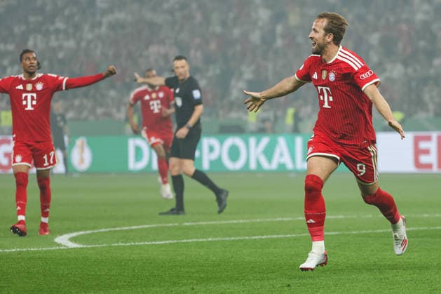 DFB Cup Final FC Bayern Munich VfB Stuttgart on 23 05 2026 at the Olympic Stadium in Berlin Cheering, goal celebration, goal scorer Harry Kane Muenchen 9 cheers after his goal for 2 to 0 MH