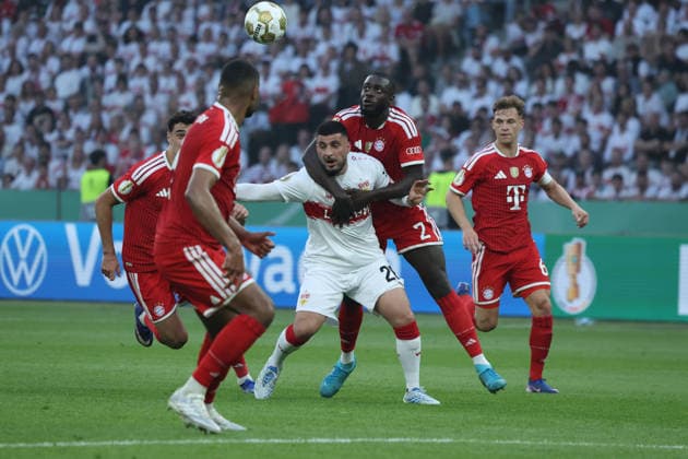 23 05 26 DFB Pokal Final 2026 FC Bayern Munich VfB Stuttgart Germany, Berlin, 23 05 2026, Football, Season 2025 2026, DFB Pokal Final 2026 Berlin, FC Bayern Munich VfB Stuttgart Deniz Undav, VfB, center, Dayot Upamecano, right, Bayern