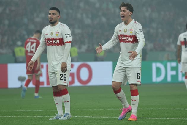 23 05 26 DFB Pokal Final 2026 FC Bayern Munich VfB Stuttgart Germany, Berlin, 23 05 2026, Football, Season 2025 2026, DFB Pokal Final 2026 Berlin, FC Bayern Munich VfB Stuttgart Deniz Undav, Angelo Stiller, right, VfB