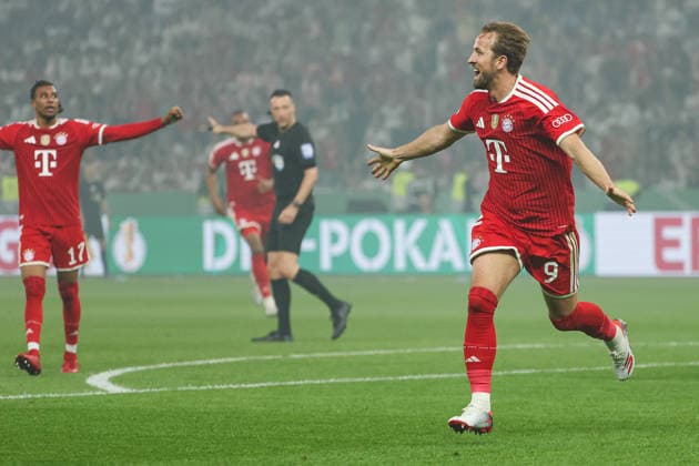 DFB Cup Final FC Bayern Munich VfB Stuttgart on 23 05 2026 at the Olympic Stadium in Berlin Cheering, goal celebration, goal scorer Harry Kane Muenchen 9 cheers after his goal for 2 to 0 MH