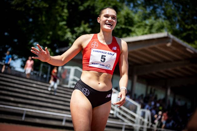 B S Kurpfalz Gala Weinheim, 23 05 2026 Delighted to win the womens 100m hurdles Franziska Schuster GER TSV Bayer 04 Leverkusen B S Kurpfalz Gala on 23 05 2026 at the Sepp Herberger Stadium in Weinheim Baden Württemberg Copyright: xBEAUTIFULxSPORTS R.xSchmittx