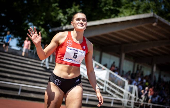 B S Kurpfalz Gala Weinheim, 23 05 2026 Delighted to win the womens 100m hurdles Franziska Schuster GER TSV Bayer 04 Leverkusen B S Kurpfalz Gala on 23 05 2026 at the Sepp Herberger Stadium in Weinheim Baden Württemberg Copyright: xBEAUTIFULxSPORTS R.xSchmittx
