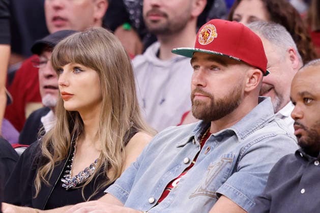 Taylor Swift sits along side her fiance Travis Kelce during the fourth quarter of the Cleveland Cavaliers Eastern Conference Final game against the New York Knicks in Cleveland, Ohio Saturday May 23, 2026.  CLE20260523110 AARONxJOSEFCZYK
