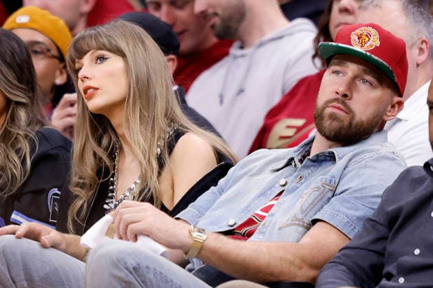 Taylor Swift sits along side her fiance Travis Kelce during the fourth quarter of the Cleveland Cavaliers Eastern Conference Final game against the New York Knicks in Cleveland, Ohio Saturday May 23, 2026.  CLE20260523112 AARONxJOSEFCZYK