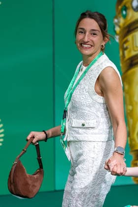 23 05 2026, Football, 83 DFB Cup Final, FC Bayern Munich VfB Stuttgart, Olympioastadion Berlin, Season 2025 2026 Lena Wurzenberger wife Julian Nagelsmann walking the green carpet before the match DFB regulations prohibit any use of photographs as image sequences and or quasi video Berlin Germany