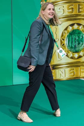 23 05 2026, Football, 83 DFB Cup Final, FC Bayern Munich VfB Stuttgart, Olympioastadion Berlin, Season 2025 2026 Verena Hubertz Minister of Construction Minister of Construction SPD Politician walking across the Green Carpet before the match DFB regulations prohibit any use of photographs as image sequences and or quasi video Berlin Germany