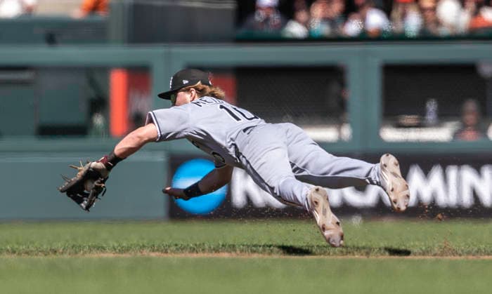 MLB, Baseball Herren, USA 2026: Chicago Vs San Francisco MAY 23 May 23 2026 Chicago second baseman Chase Meidroth (10)makes an infield play during the MLB game between Chicago White Sox and the San Francisco Giants. Thurman James CSM (Credit Image: Â Thurman James Cal Media) San Francisco Ca USA EDITORIAL USE ONLY Copyright: xx ZUMA-20260523_zma_c04_119.jpg ThurmanxJamesx csmphotothree491539