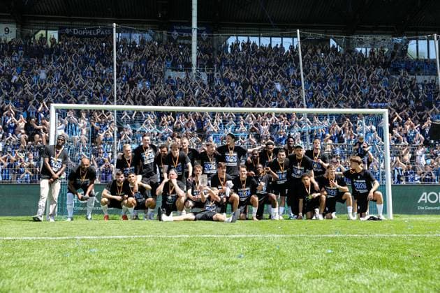 The Buwe are celebrated by their fans in front of the fan stand at the BfV Cup Final VfR Mannheim SV Waldhof Mannheim 07 on 23 05 26 at Carl Benz Stadium, Mannheim xamx Photo Alfio Marino Copyright: