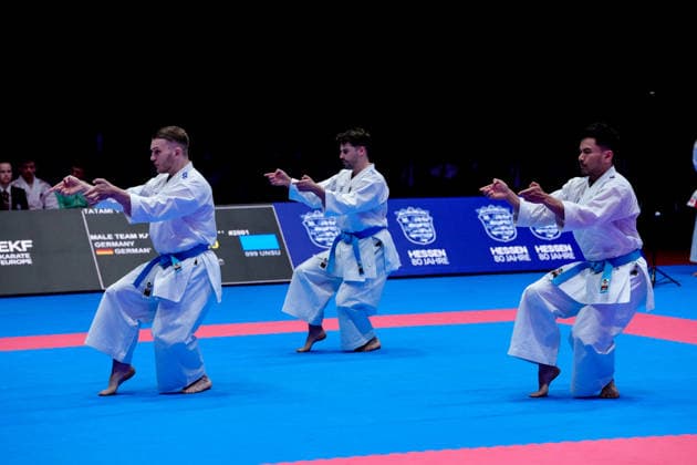 Germany EKF Karate European Championship Seniors 2026 Eissporthalle, Frankfurt The Kata Team Germany Berner, Mathes, Pattanasakoo fighting for the bronze medal against Team Portugal Mateus, Neto, Oliveira, Vieira Frankfurt am Main Eissporthalle Frankfurt Hessen Germany Copyright: xKjetilxWaberx