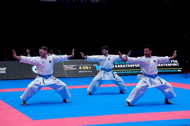 Germany EKF Karate European Championship Seniors 2026 Eissporthalle, Frankfurt The Kata Team Germany Berner, Mathes, Pattanasakoo fighting for the bronze medal against Team Portugal Mateus, Neto, Oliveira, Vieira Frankfurt am Main Eissporthalle Frankfurt Hessen Germany Copyright: xKjetilxWaberx