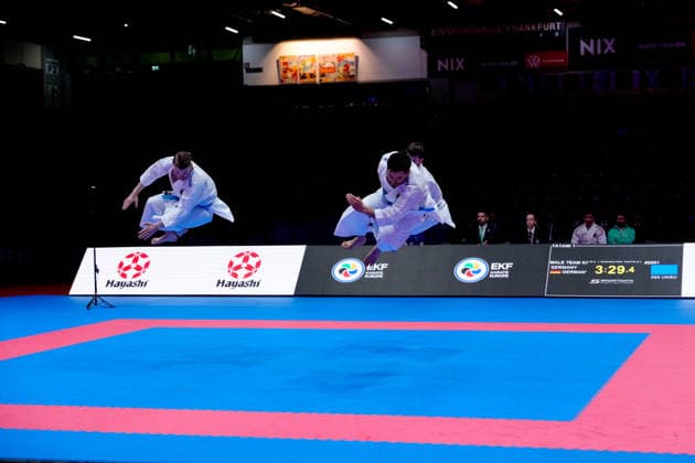 Germany EKF Karate European Championship Seniors 2026 Eissporthalle, Frankfurt The Kata Team Germany Berner, Mathes, Pattanasakoo fighting for the bronze medal against Team Portugal Mateus, Neto, Oliveira, Vieira Frankfurt am Main Eissporthalle Frankfurt Hessen Germany Copyright: xKjetilxWaberx