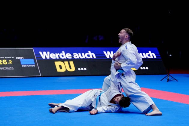 Germany EKF Karate European Championship Seniors 2026 Eissporthalle, Frankfurt The Kata Team Germany Berner, Mathes, Pattanasakoo fighting for the bronze medal against Team Portugal Mateus, Neto, Oliveira, Vieira Frankfurt am Main Eissporthalle Frankfurt Hessen Germany Copyright: xKjetilxWaberx
