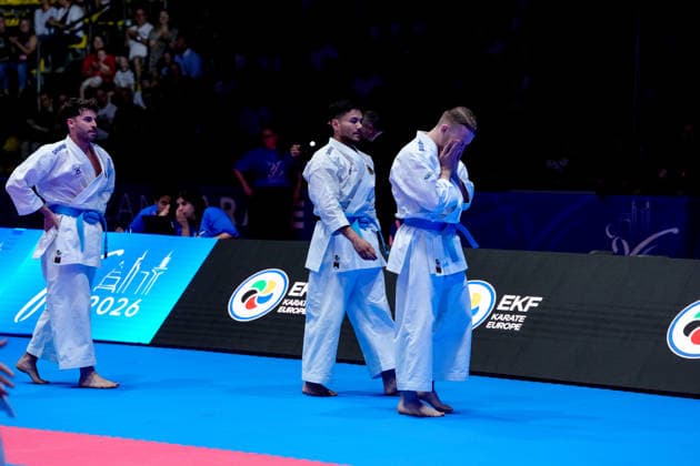 Germany EKF Karate European Championship Seniors 2026 Eissporthalle, Frankfurt The Kata Team Germany Berner, Mathes, Pattanasakoo are disappointed after losing the bronze medal match against Team Portugal Mateus, Neto, Oliveira, Vieira Frankfurt am Main Eissporthalle Frankfurt Hessen Germany Copyright: xKjetilxWaberx