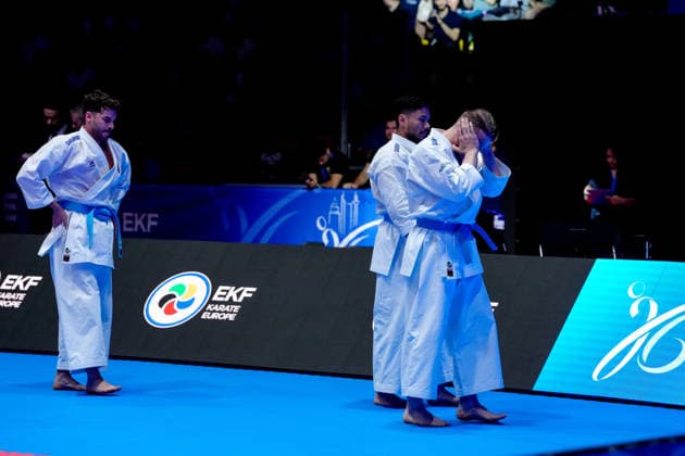Germany EKF Karate European Championship Seniors 2026 Eissporthalle, Frankfurt The Kata Team Germany Berner, Mathes, Pattanasakoo are disappointed after losing the bronze medal match against Team Portugal Mateus, Neto, Oliveira, Vieira Frankfurt am Main Eissporthalle Frankfurt Hessen Germany Copyright: xKjetilxWaberx