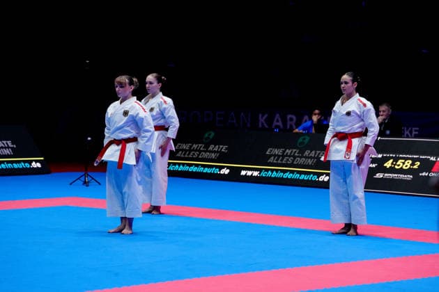 Germany EKF Karate European Championship Seniors 2026 Eissporthalle, Frankfurt The Female Kata Team Germany Hebbel, Jay, Siebert fighting for the bronze medal against Team France Bui, Capet, Severan, Vilanova Frankfurt am Main Eissporthalle Frankfurt Hessen Germany Copyright: xKjetilxWaberx