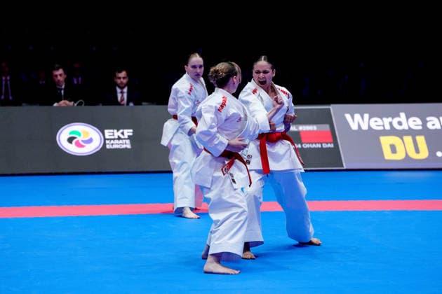Germany EKF Karate European Championship Seniors 2026 Eissporthalle, Frankfurt The Female Kata Team Germany Hebbel, Jay, Siebert fighting for the bronze medal against Team France Bui, Capet, Severan, Vilanova Frankfurt am Main Eissporthalle Frankfurt Hessen Germany Copyright: xKjetilxWaberx