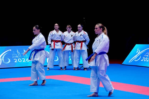 Germany EKF Karate European Championship Seniors 2026 Eissporthalle, Frankfurt The Female Kata Team Germany Hebbel, Jay, Siebert fighting for the bronze medal against Team France Bui, Capet, Severan, Vilanova Frankfurt am Main Eissporthalle Frankfurt Hessen Germany Copyright: xKjetilxWaberx