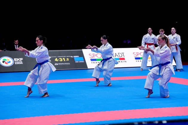 Germany EKF Karate European Championship Seniors 2026 Eissporthalle, Frankfurt The Female Kata Team France Bui, Capet, Severan, Vilanova fighting for the bronze medal against Team Germany Hebbel, Jay, Siebert Frankfurt am Main Eissporthalle Frankfurt Hessen Germany Copyright: xKjetilxWaberx