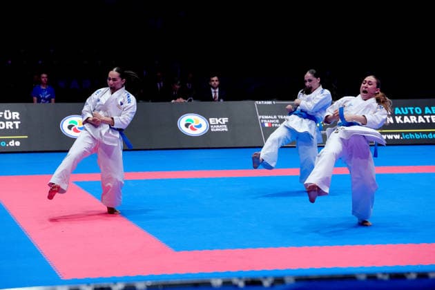 Germany EKF Karate European Championship Seniors 2026 Eissporthalle, Frankfurt The Female Kata Team France Bui, Capet, Severan, Vilanova fighting for the bronze medal against Team Germany Hebbel, Jay, Siebert Frankfurt am Main Eissporthalle Frankfurt Hessen Germany Copyright: xKjetilxWaberx