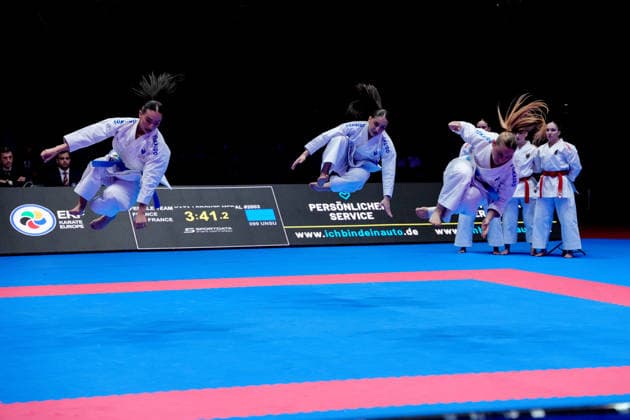 Germany EKF Karate European Championship Seniors 2026 Eissporthalle, Frankfurt The Female Kata Team France Bui, Capet, Severan, Vilanova fighting for the bronze medal against Team Germany Hebbel, Jay, Siebert Frankfurt am Main Eissporthalle Frankfurt Hessen Germany Copyright: xKjetilxWaberx