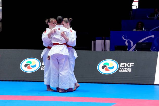 Germany EKF Karate European Championship Seniors 2026 Eissporthalle, Frankfurt The Female Kata Team Germany Hebbel, Jay, Siebert are disappointed after losing the bronze medal match against Team France Bui, Capet, Severan, Vilanova Frankfurt am Main Eissporthalle Frankfurt Hessen Germany Copyright: xKjetilxWaberx