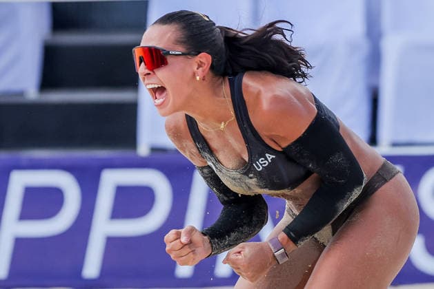 (260524) -- LAGUNA PROVINCE, May 24, 2026 -- Alaina Chacon of the United States reacts after scoring a point during the women s semifinal match between Madelyne Anderson Alaina Chacon of the United States and Valentyna Davidova Anhelina Khmil of Ukraine at the Volleyball World Beach Pro Tour Challenge in Laguna Province, the Philippines on May 24, 2026. ) (SP)PHILIPPINES-LAGUNA PROVINCE-VOLLEYBALL WORLD BEACH PRO TOUR CHALLENGE ROUELLExUMALI 