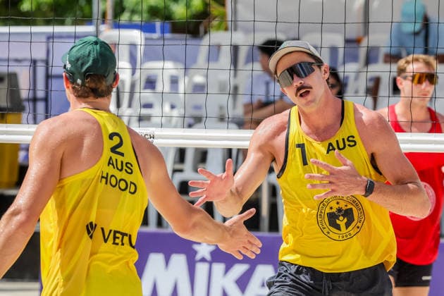 (260524) -- LAGUNA PROVINCE, May 24, 2026 -- Thomas Hodges (R) and Ben Hood of Australia celebrate after scoring a point during the men s semifinal match between Thomas Hodges Ben Hood of Australia and Julian Friedli Jonathan Jordan of Switzerland at the Volleyball World Beach Pro Tour Challenge in Laguna Province, the Philippines on May 24, 2026. ) (SP)PHILIPPINES-LAGUNA PROVINCE-VOLLEYBALL WORLD BEACH PRO TOUR CHALLENGE ROUELLExUMALI 