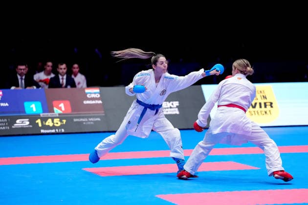 Germany EKF Karate European Championship Seniors 2026 Eissporthalle, Frankfurt The Female Kumite Team Austria Cetin, Devigili, Schuetze, Topalovic fighting for the bronze medal against Team Kroazien Becirovic, Golombos, Sgardelli, Tomic, Zorko Frankfurt am Main Eissporthalle Frankfurt Hessen Germany Copyright: xKjetilxWaberx