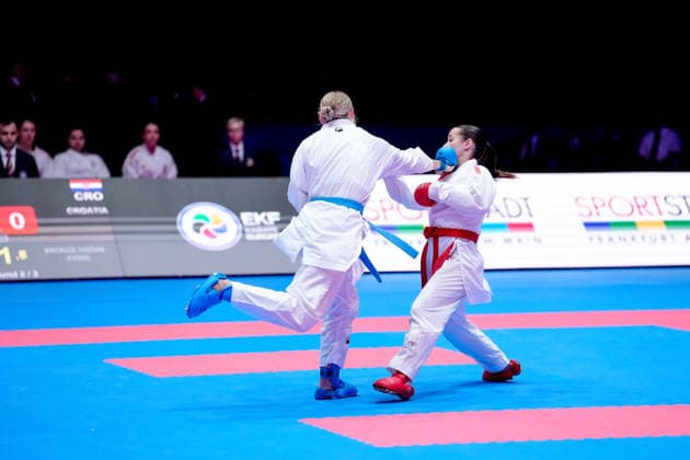 Germany EKF Karate European Championship Seniors 2026 Eissporthalle, Frankfurt The Female Kumite Team Austria Cetin, Devigili, Schuetze, Topalovic fighting for the bronze medal against Team Kroazien Becirovic, Golombos, Sgardelli, Tomic, Zorko Frankfurt am Main Eissporthalle Frankfurt Hessen Germany Copyright: xKjetilxWaberx