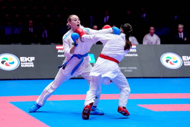 Germany EKF Karate European Championship Seniors 2026 Eissporthalle, Frankfurt The Female Kumite Team Austria Cetin, Devigili, Schuetze, Topalovic fighting for the bronze medal against Team Kroazien Becirovic, Golombos, Sgardelli, Tomic, Zorko Frankfurt am Main Eissporthalle Frankfurt Hessen Germany Copyright: xKjetilxWaberx