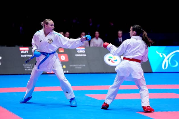 Germany EKF Karate European Championship Seniors 2026 Eissporthalle, Frankfurt The Female Kumite Team Austria Cetin, Devigili, Schuetze, Topalovic fighting for the bronze medal against Team Kroazien Becirovic, Golombos, Sgardelli, Tomic, Zorko Frankfurt am Main Eissporthalle Frankfurt Hessen Germany Copyright: xKjetilxWaberx