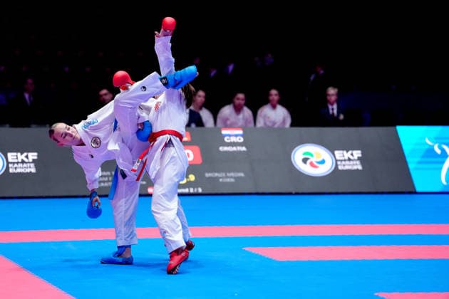Germany EKF Karate European Championship Seniors 2026 Eissporthalle, Frankfurt The Female Kumite Team Austria Cetin, Devigili, Schuetze, Topalovic fighting for the bronze medal against Team Kroazien Becirovic, Golombos, Sgardelli, Tomic, Zorko Frankfurt am Main Eissporthalle Frankfurt Hessen Germany Copyright: xKjetilxWaberx