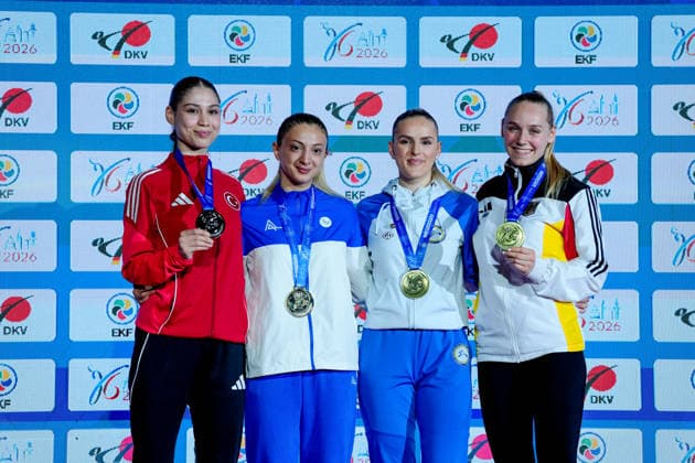 Germany EKF Karate European Championship Seniors 2026 Eissporthalle, Frankfurt Mia Bitsch GER with the bronze medal together with Nejra Sipovic BHI , silver medal goes to Zumra Rezzan Im TUR and the gold medal to Madina Sadigova AZE Frankfurt am Main Eissporthalle Frankfurt Hessen Germany Copyright: xKjetilxWaberx