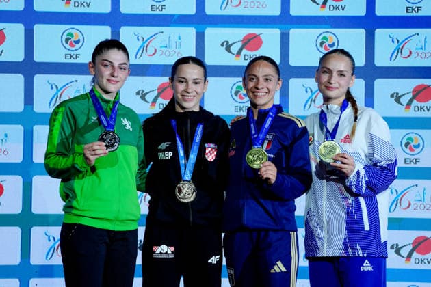 Germany EKF Karate European Championship Seniors 2026 Eissporthalle, Frankfurt Category Kumite Female 50kg Gold medal goes to Sgardelli Ema CRO the silver medal to Tsaneva Teodora BUL and the bronze medals to Perfetto Erminia ITA and Nastas Patricia EKF 1 Frankfurt am Main Eissporthalle Frankfurt Hessen Germany Copyright: xKjetilxWaberx